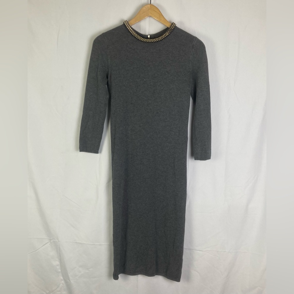 Zara Knit Sweater Dress Medium Gray Long Sleeve Circlet Chain EUC